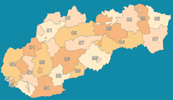 Slovensko - mapa počátečního dvojčíslí PSČ
